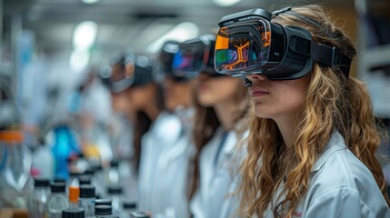 A young woman wearing a VR headset in a science lab, surrounded by other scientists.