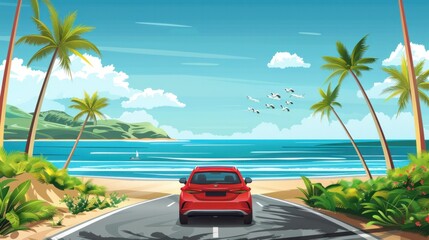 Red car driving on a beachside highway.