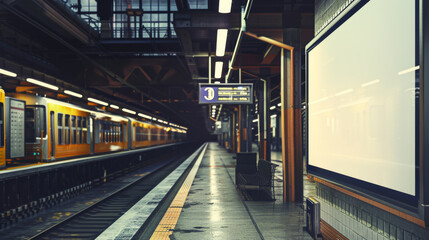 An empty train station bathed in the yellow glow of lights, with a blank billboard and a waiting train adding a sense of stillness and anticipation.