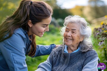 Fototapeta premium Female caregiver and senior woman in wheelchair picking wild flowers. Nurse and elderly woman enjoying a warm day in nursing home, public park. 