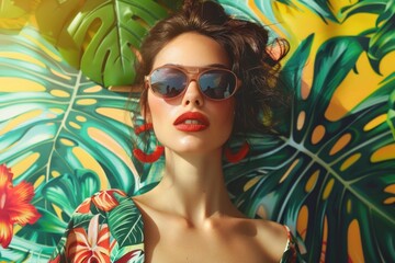 woman with sunglasses on bright tropical collage background