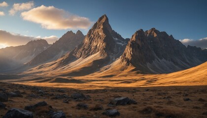 Naklejka premium Golden hour glow over majestic mountain peaks