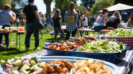 Obraz premium A group of people gathered around a picnic table with various food. feeding day