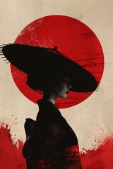 A striking illustration of a woman in a traditional Japanese hat silhouetted against a bold red sun. The minimalist and dramatic composition is perfect for themes related to Japanese culture and art.