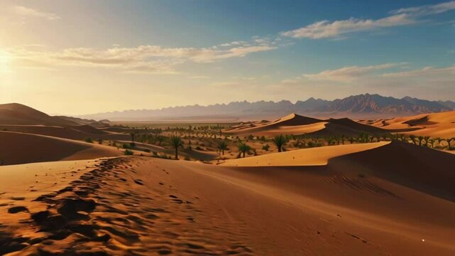 desert landscape with shifting sand dunes, a mirage, and an oasis appearing and disappearing in the distance. Include elements like camels and nomads to add depth, 4K wallpaper animation video