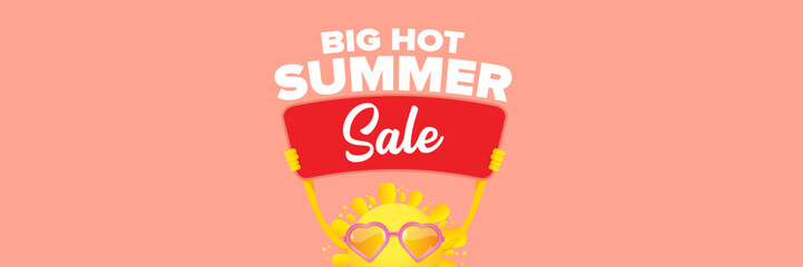 Summer Sale horizontal wide web banner. summer happy sun character holding sign or banner with special offer sale text isolated on soft pastel pink horizontal background. Summer sale