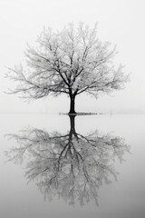 A serene black and white photo of a solitary tree reflected perfectly in still water. The minimalist and peaceful scene is ideal for themes of nature, tranquility, and reflection.