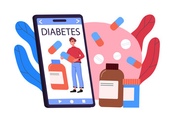 Pills for diabetics. Man with tablets on smartphone screen. Health care and medicine, diagnosis and treatment. Guy suffers from elevated blood sugar and glucose levels. Cartoon vector illustration
