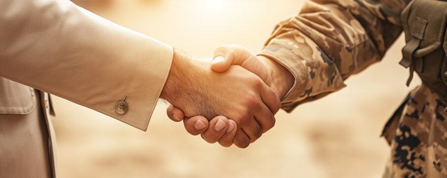 A military personnel and a civilian are shaking hands outdoors in a warm sunlight, symbolizing a moment of collaboration and mutual respect between different sectors.