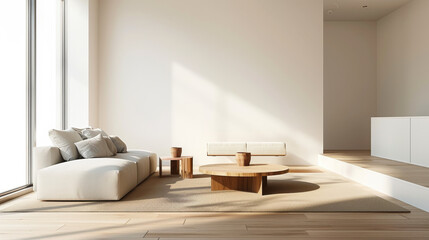 A modern, minimalist living room bathed in soft, warm sunlight, featuring plush furniture and a clean, open design that exudes tranquility and sophistication.