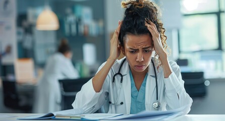 Headache, doctor or woman with stress or documents in hospital clinic overwhelmed by emergency. Depression, sick or tired healthcare worker in office frustrated by migraine pain, paperwork or burnout