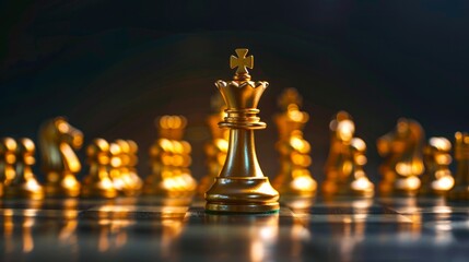 A golden king chess piece stands before others, symbolizing leadership and strategy.

