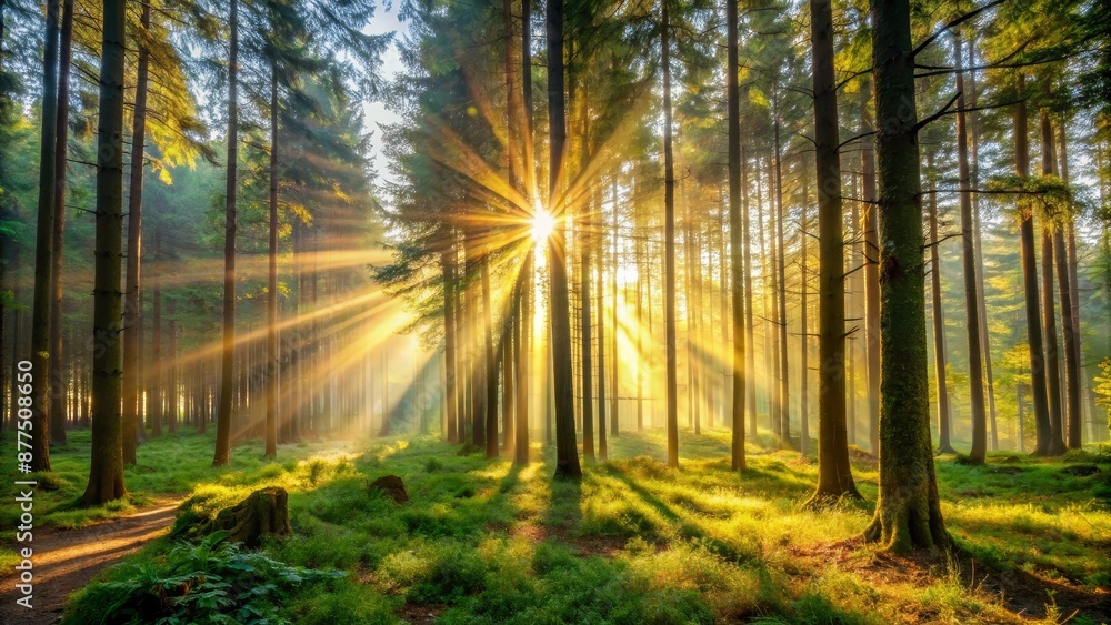 Poster Sunbeams Through The Forest - A mesmerizing sunrise through the forest. The sunbeams paint the trees and ground with golden hues, creating a breathtaking scene of natural beauty.