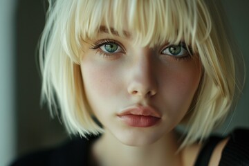 Naklejka premium Beautiful young blonde woman with blue eyes is posing indoors, showcasing a natural beauty look