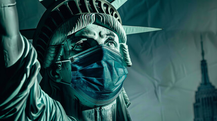 A striking image of the Statue of Liberty wearing a face mask, symbolizing resilience and strength during challenging times amidst the pandemic.