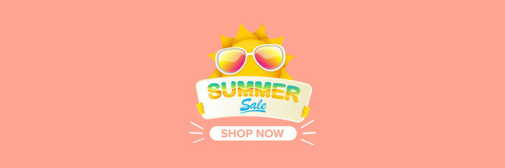 Summer Sale horizontal wide web banner. summer happy sun character holding sign or banner with special offer sale text isolated on soft pastel pink horizontal background. Summer sale