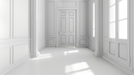 A stately white door with sophisticated paneling anchors a luxurious room, filled with subtle natural light and rich textures on the walls.