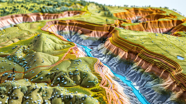 A topographic 3D model of a landscape with intricate details of mountains and valleys, showcasing geographical and geological features.