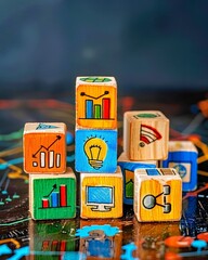 Dynamic Business Concepts: Colorful Wooden Blocks with Vibrant Icons on Sleek Surface