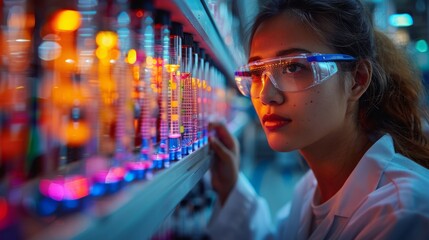 A female scientist in a lab coat examines a row of liquid samples in test tubes, illuminated by colorful light.