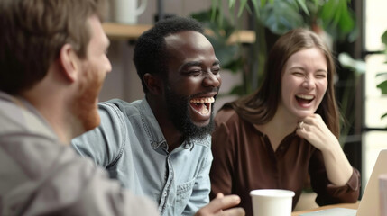 Fototapeta premium A group of young professionals laughs together while working, creating an atmosphere of camaraderie and joy in a modern workspace.