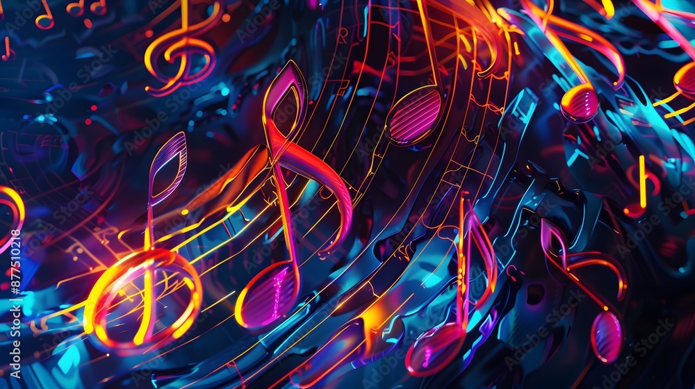 Poster vibrant music notes with glowing colors and dynamic abstract background