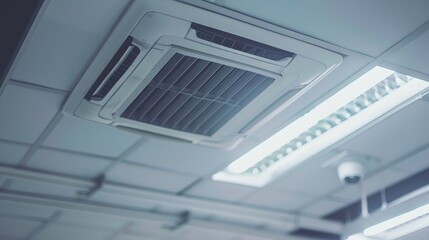 Close-up of a cassette-type air conditioner mounted on the ceiling.