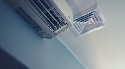Close-up of a cassette-type air conditioner mounted on the ceiling.