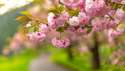 Spring banner, branches of blossoming cherry against background of blue sky and butterflies on nature outdoors. Pink sakura flowers, dreamy romantic image spring, landscape panorama, copy space.