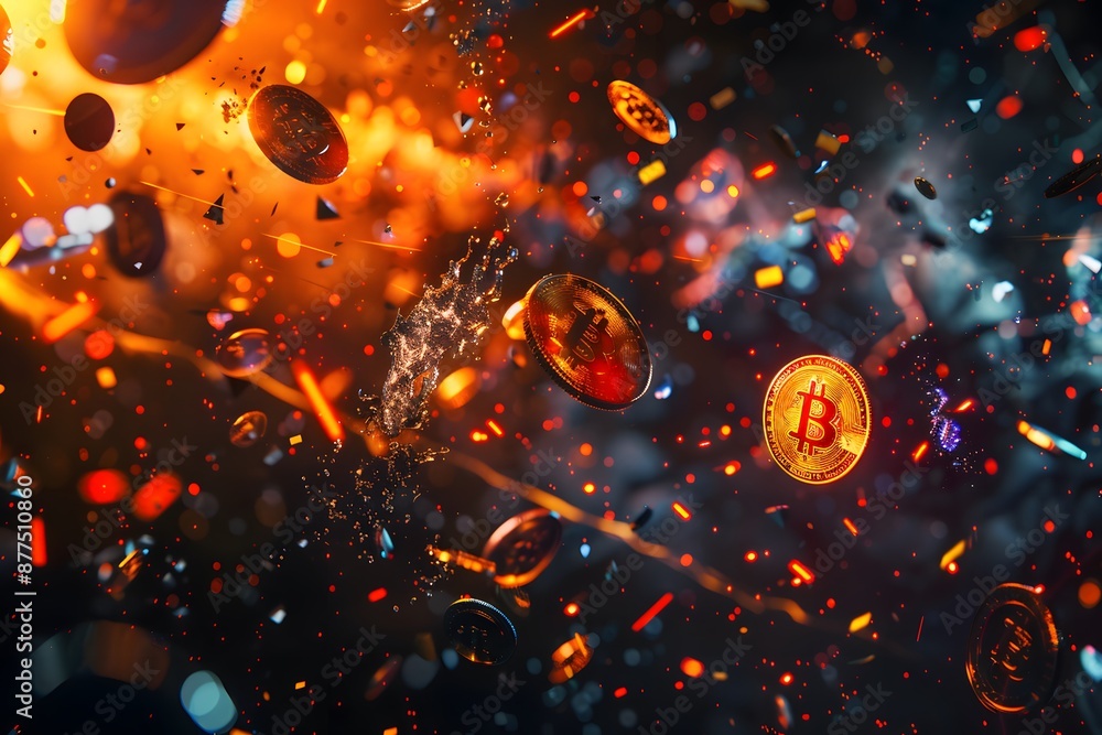 Poster bitcoin coins in a high-tech digital data environment