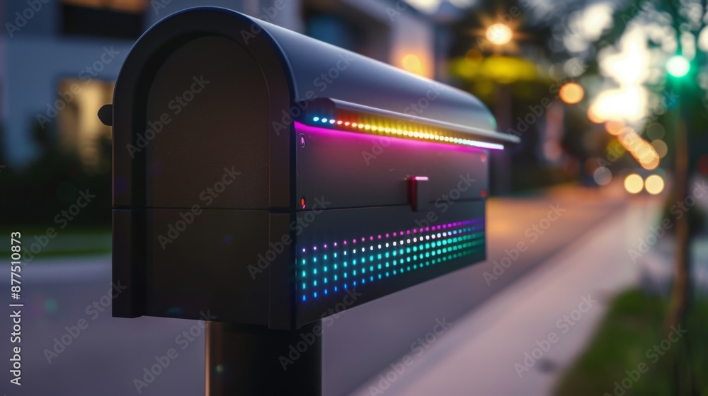 Poster a black mailbox with a colorful led light display on the front and top. the mailbox is lit up at nig