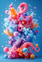 A colorful abstract composition with various shapes and bubbles on a blue background. Perfect for themes of creativity, fun, and modern art.

