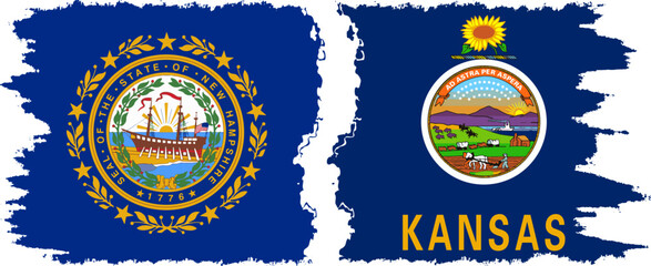 Kansas and New Hampshire states grunge brush flags connection vector