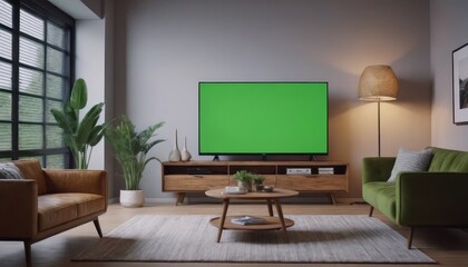 Stylish living room setup with a green screen TV and neutral color palette