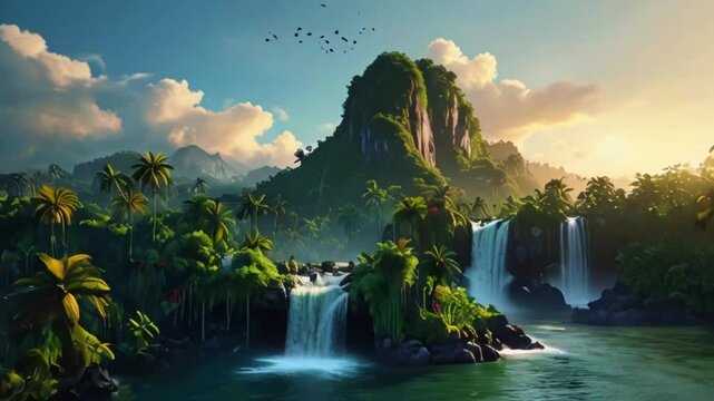 series of lush, green islands floating in the sky, connected by rainbow bridges and surrounded by fluffy clouds, 4K High-Quality wallpaper animation video