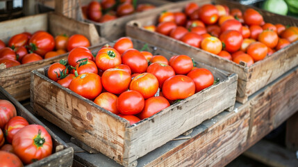 Bustling farmers' market with wooden crates overflowing with beautiful, red tomatoes, highlighting the bounty of freshly picked produce.