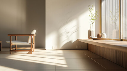 Sun-drenched corner with minimalist decor, capturing the tranquility and simplicity of a serene interior space.