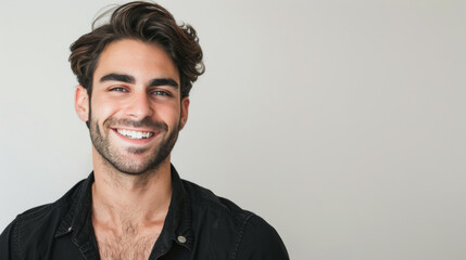 Obraz premium A cheerful young man with dark hair and a beard is smiling brightly, dressed casually in a dark shirt against a light grey background.