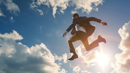 A businessperson leaps enthusiastically against a backdrop of a vibrant sky, symbolizing ambition and boundless opportunities.