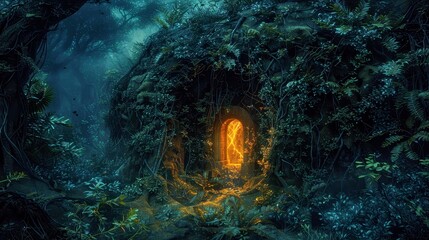 Secrets of the Jungle: Illuminated Hidden Bunker Entrance Concealed by Lush Foliage and Vines