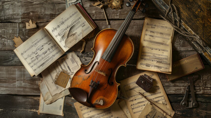 An antique violin rests amidst a collection of aged, scattered sheet music on a rustic wooden...