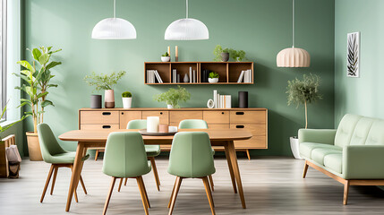 Mint color chairs at round wooden dining table, home interior design of modern living room