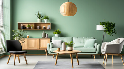 Mint color chairs at round wooden dining table, home interior design of modern living room