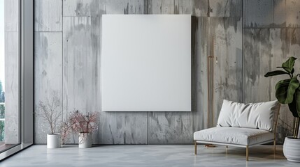 interior design, a white canvas frame brings elegance to a modern minimalist interior wall, enhancing the rooms decor with depth