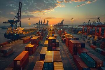 Bustling Container Port at Sunset