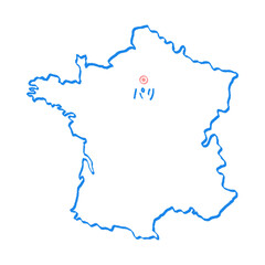 手描きのシンプルでおしゃれなフランスの白地図 - パリの場所をマークした日本語の線画マップ
