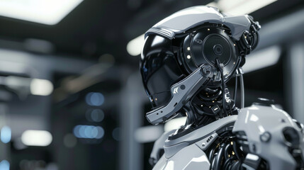 Fototapeta premium A futuristic robot with a sleek, modern design stands in a high-tech environment, showcasing advanced technology and robotic ingenuity.