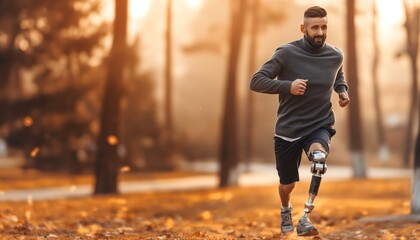 An athlete with a single prosthetic leg running in an autumn park, capturing the essence of resilience, motivation, and the beauty of nature as a backdrop for physical fitness.