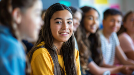 Obraz premium A cheerful young girl in a yellow shirt smiles brightly amid a group of diverse classmates in a lively classroom setting.