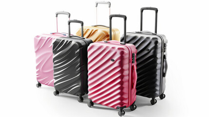 Five uniquely textured, hard-shell suitcases in bold colors stand side by side, emphasizing their rugged designs and readiness for adventure.